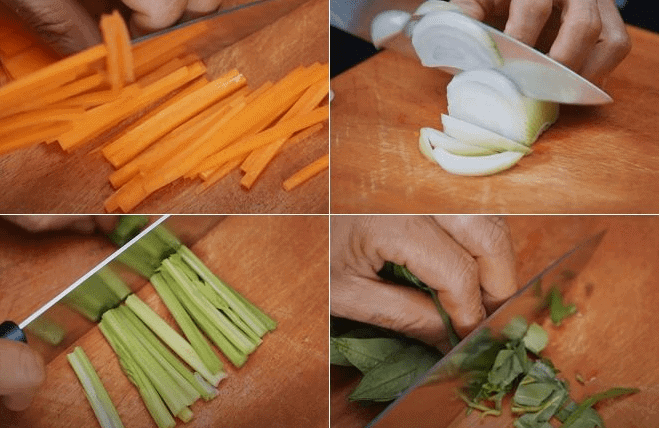 Tiến hành sơ chế cà rốt, hành tây, cần tây với rau răm để chuẩn bị phần rau sống cho món tôm thịt tai heo